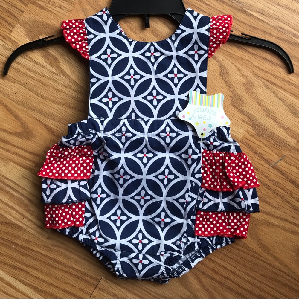 Nursery Rhyme romper ruffles red white blue 6 mo